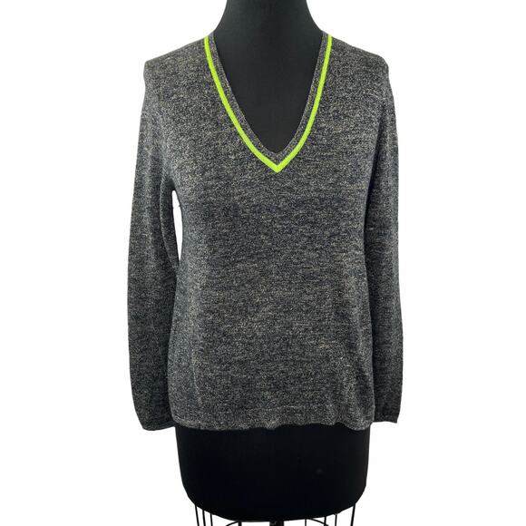 WHITE + WARREN Cotton Linen Blend V-Neck Sweater Gray Contrast Trim Pullover S - Picture 1 of 8
